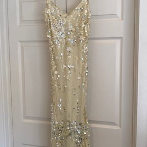 Papelle Boutique butter cream yellow sequin long gown with matching shawl. 4